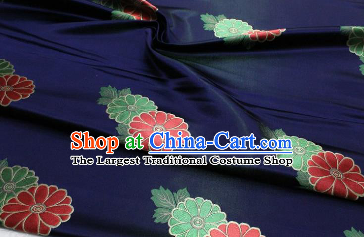 Chinese Classical Chrysanthemum Pattern Design Navy Brocade Silk Fabric DIY Satin Damask Asian Traditional Mongolian Robe Tapestry Material