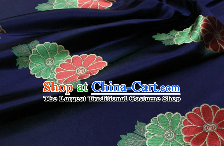 Chinese Classical Chrysanthemum Pattern Design Navy Brocade Silk Fabric DIY Satin Damask Asian Traditional Mongolian Robe Tapestry Material