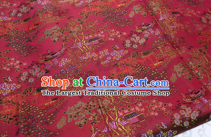Chinese Classical Scenery Pattern Design Magenta Brocade Silk Fabric DIY Satin Damask Asian Traditional Tang Suit Tapestry Material