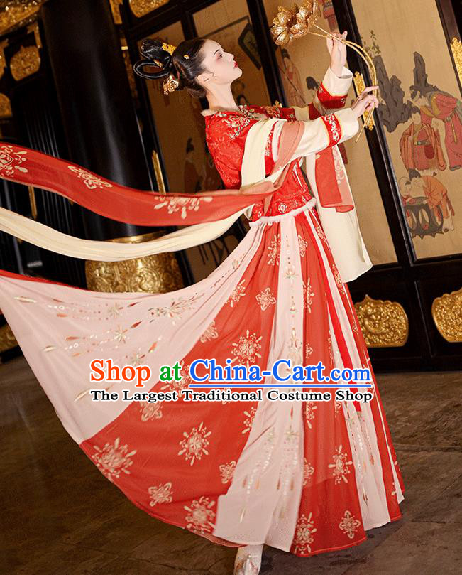 Chinese Ancient Princess Winter Hanfu Garment Costumes Tang Dynasty Red Half Sleeved Top Blouse and Skirt Full Set