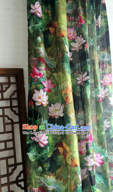 Top Quality Chinese Classical Lotus Pattern Green Flax Material Asian Traditional Curtain Linen Cloth Fabric