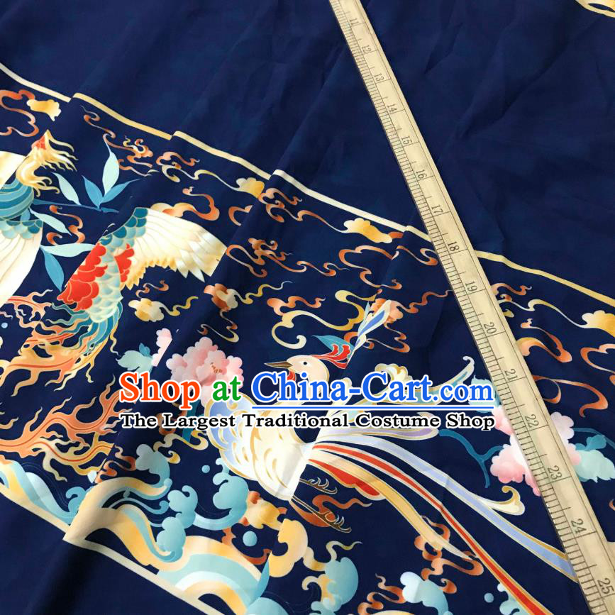 Chinese Hanfu Dress Traditional Phoenix Peony Pattern Design Navy Satin Fabric Silk Material Traditional Asian Tapestry