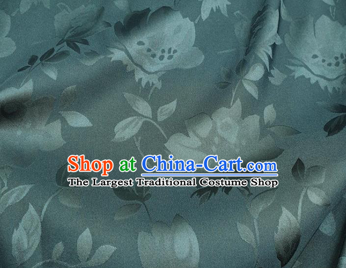 Chinese Traditional Camellia Pattern Design Dark Green Satin Fabric Silk Material Traditional Asian Hanfu Dress Cloth Tapestry