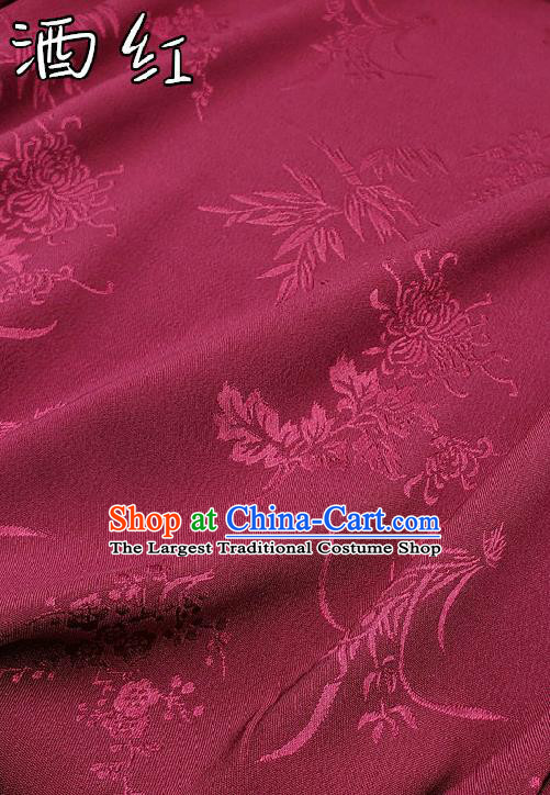 Chinese Traditional Plum Orchid Bamboo Chrysanthemum Pattern Design Wine Red Satin Fabric Traditional Asian Hanfu Dress Cloth Tapestry Jacquard Silk Material