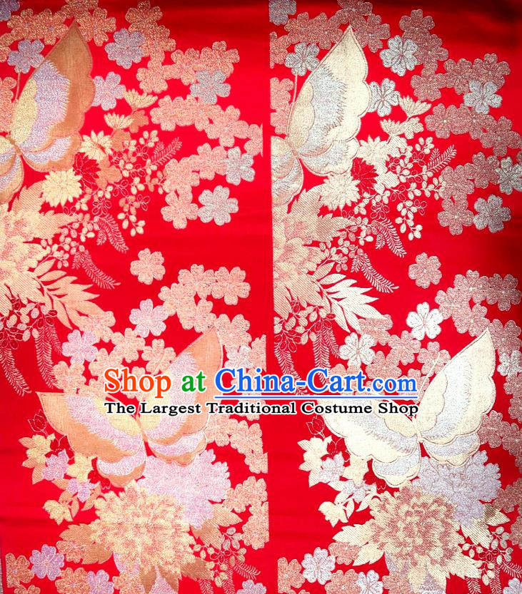 Top Quality Japanese Classical Butterfly Pattern Red Satin Material Asian Traditional Brocade Kimono Belt Nishijin Cloth Fabric
