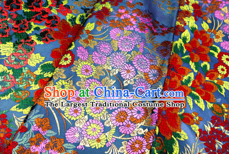 Top Quality Japanese Classical Flow Sakura Pattern Blue Satin Material Asian Traditional Brocade Kimono Belt Nishijin Cloth Fabric