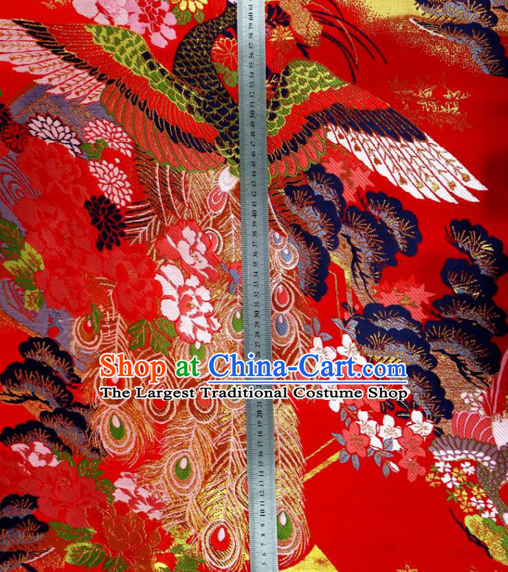 Top Quality Japanese Classical Phoenix Peony Pattern Red Satin Material Asian Traditional Brocade Kimono Belt Nishijin Cloth Fabric