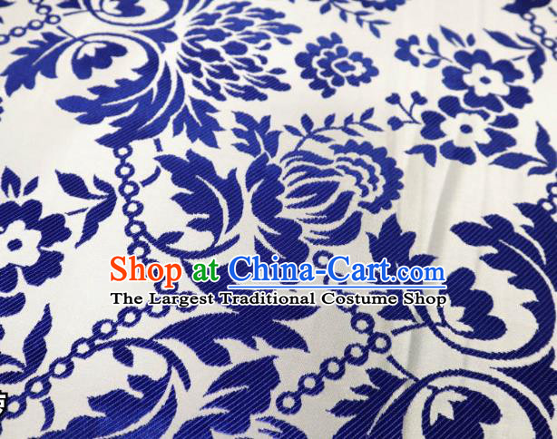 Chinese Classical Blue Flowers Pattern Design White Brocade Cheongsam Fabric Asian Traditional Tapestry Satin Material DIY Imperial Cloth Damask