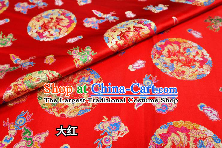 Chinese Classical Phoenix Dragon Pattern Design Red Brocade Cheongsam Fabric Asian Traditional Tapestry Satin Material DIY Wedding Cloth Damask