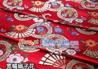 Top Quality Japanese Classical Fan Flowers Pattern Red Tapestry Satin Material Asian Traditional Brocade Kimono Nishijin Cloth Fabric
