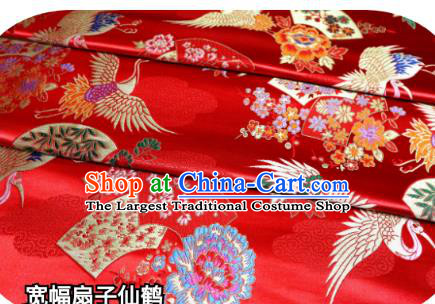 Top Quality Japanese Classical Fan Crane Pattern Red Tapestry Satin Material Asian Traditional Brocade Kimono Nishijin Cloth Fabric
