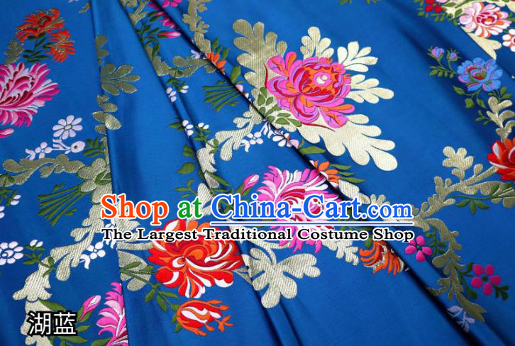 Chinese Cheongsam Classical Flowers Pattern Design Lake Blue Nanjing Brocade Fabric Asian Traditional Tapestry Satin Material DIY Court Cloth Damask