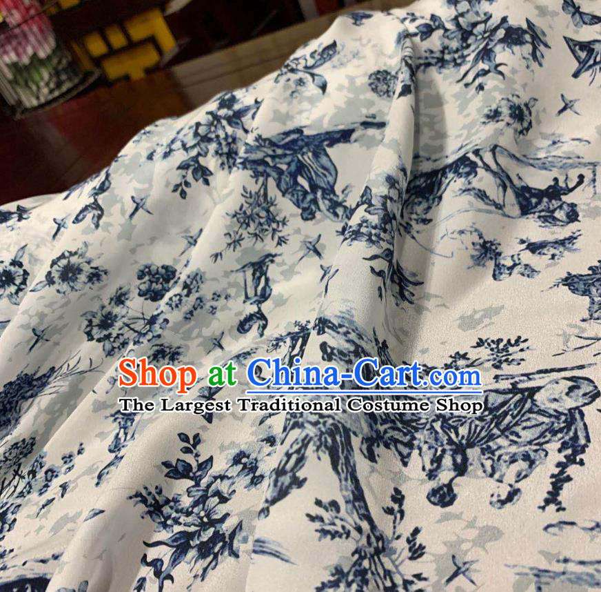 Chinese Classical Ink Painting Pattern White Watered Gauze Asian Top Quality Silk Material Hanfu Dress Fabric Cheongsam Cloth