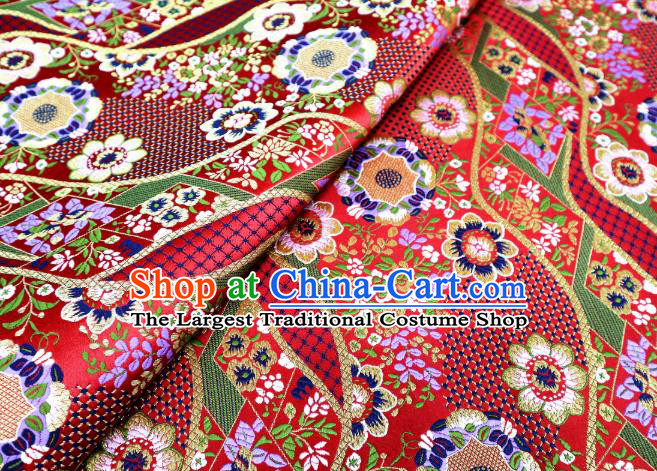 Japanese Traditional Brocade Cloth Kimono Belt Classical Flowers Pattern Red Tapestry Satin Material Asian Top Quality Nishijin Fabric