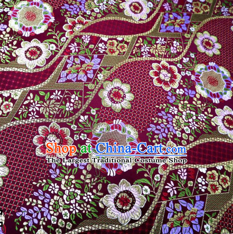 Japanese Traditional Wine Red Brocade Cloth Kimono Belt Classical Flowers Pattern Tapestry Satin Material Asian Top Quality Nishijin Fabric