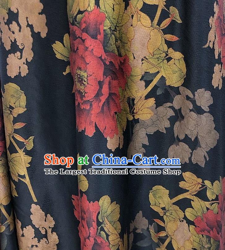 Chinese Classical Peony Pattern Black Watered Gauze Asian Top Quality Silk Material Hanfu Dress Brocade Cheongsam Cloth Fabric