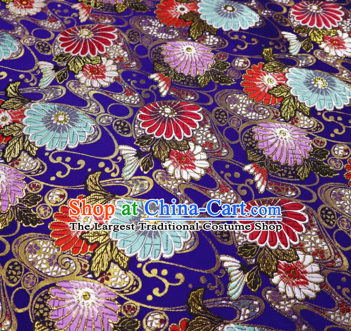 Japanese Traditional Daisy Pattern Royalblue Brocade Cloth Kimono Belt Tapestry Satin Fabric Asian Top Quality Nishijin Material