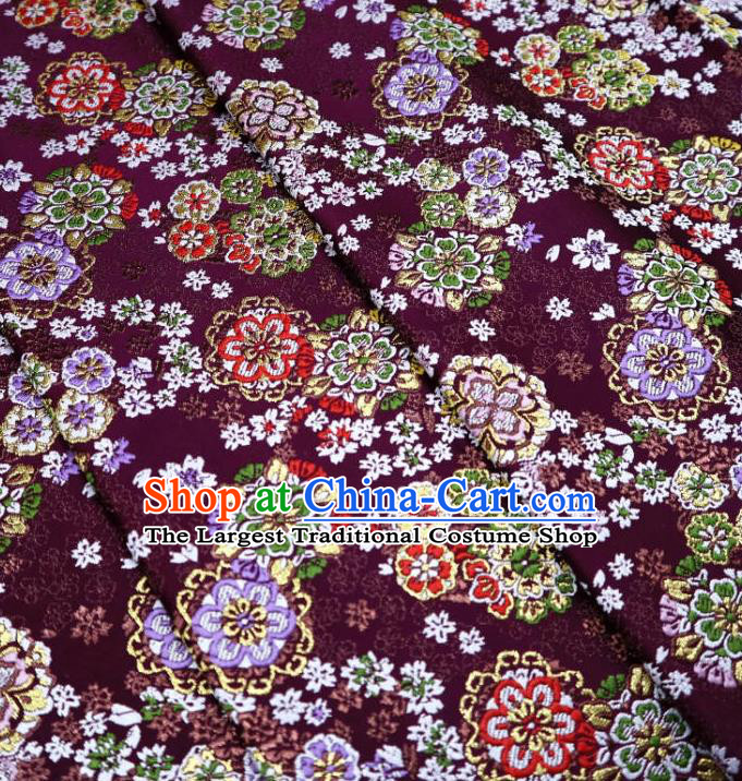 Japanese Traditional Cherry Blossom Pattern Purple Brocade Asian Top Quality Nishijin Material Cloth Kimono Belt Tapestry Satin Fabric