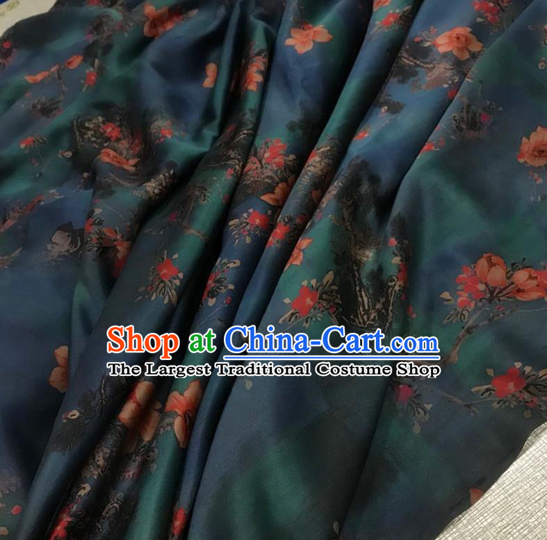 Chinese Classical Peach Blossom Pattern Dark Green Watered Gauze Asian Top Quality Silk Material Cloth Hanfu Dress Fabric