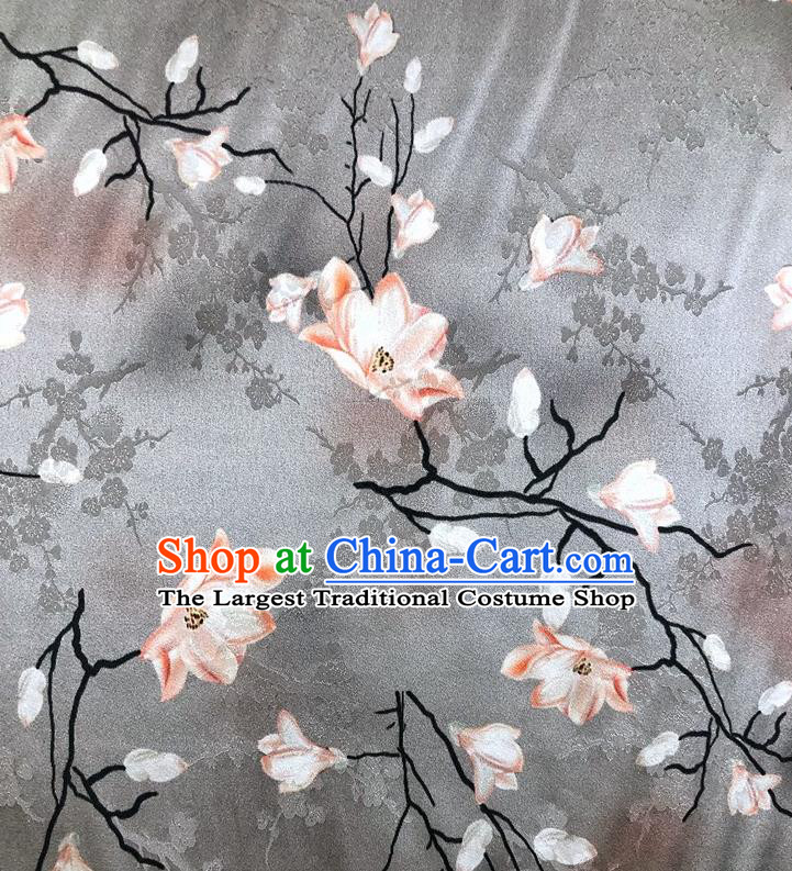 Chinese Classical Magnolia Pattern Grey Watered Gauze Asian Top Quality Silk Material Hanfu Dress Brocade Cheongsam Cloth Fabric