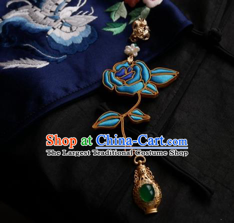 Chinese Classical Cheongsam Blue Rose Brooch Traditional Hanfu Accessories Handmade Jade Breastpin for Women