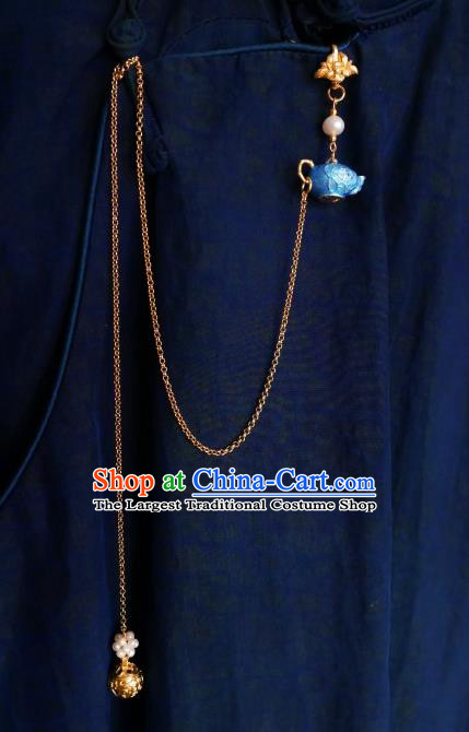 Chinese Classical Cheongsam Blueing Flagon Brooch Traditional Hanfu Accessories Handmade Breastpin Golden Bell Tassel Pendant for Women