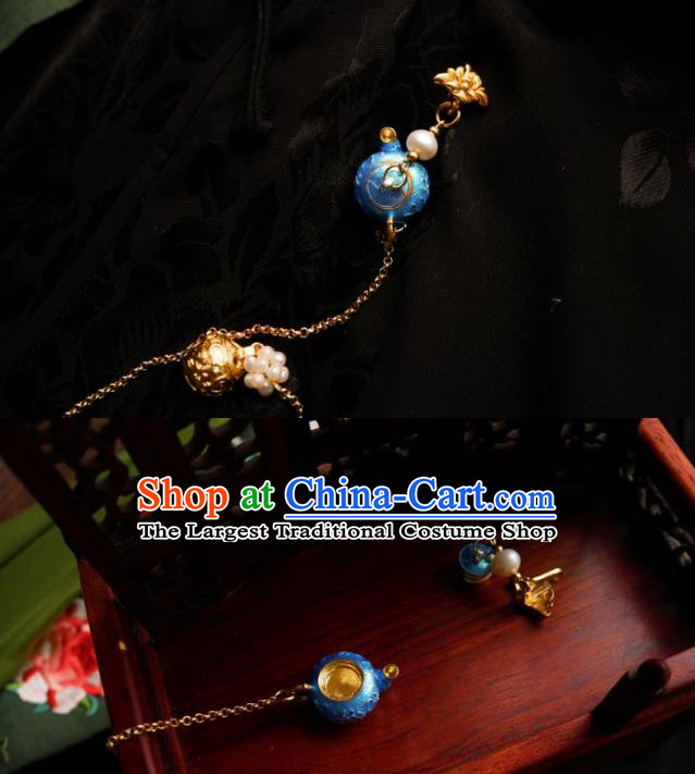 Chinese Classical Cheongsam Blueing Flagon Brooch Traditional Hanfu Accessories Handmade Breastpin Golden Bell Tassel Pendant for Women