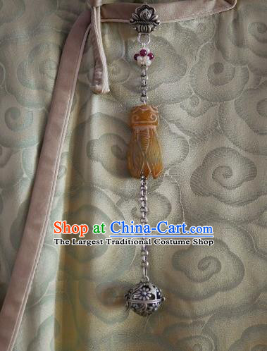 Chinese Classical Cheongsam Silver Carving Sachet Brooch Traditional Hanfu Accessories Handmade Jade Cicada Breastpin Pendant for Women