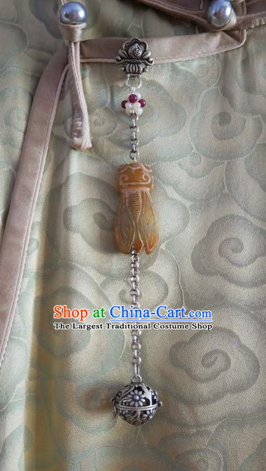 Chinese Classical Cheongsam Silver Carving Sachet Brooch Traditional Hanfu Accessories Handmade Jade Cicada Breastpin Pendant for Women