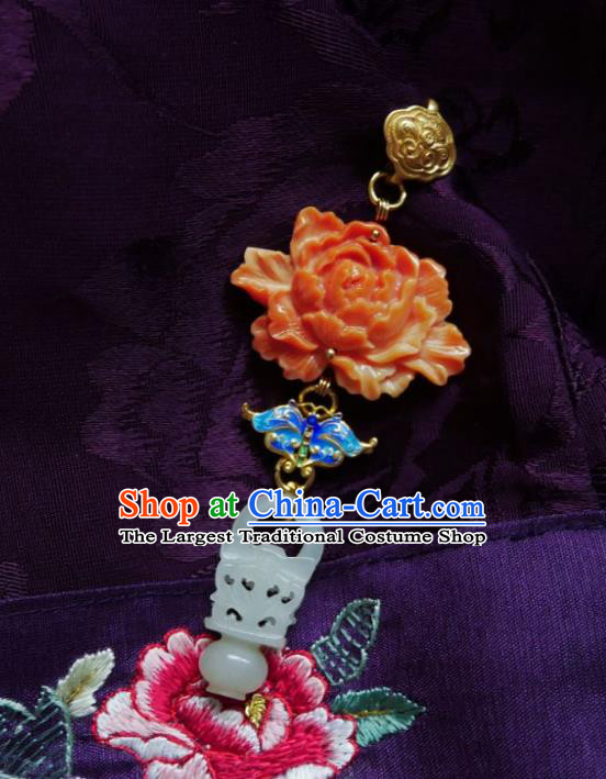 Chinese Classical Cheongsam Red Peony Brooch Traditional Hanfu Accessories Handmade Breastpin Jade Pendant for Women