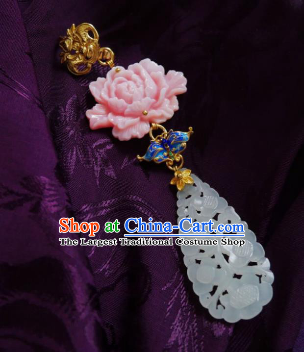 Chinese Classical Cheongsam Pink Peony Brooch Traditional Hanfu Accessories Handmade Breastpin Jade Pendant for Women