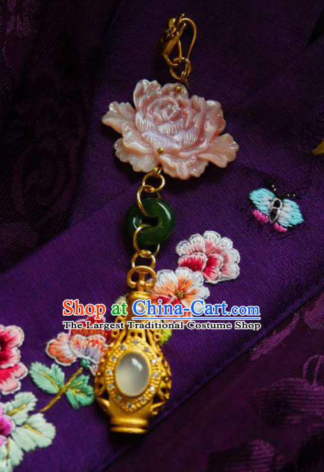 Chinese Classical Cheongsam Pink Shell Peony Brooch Traditional Hanfu Accessories Handmade Golden Flagon Breastpin Pendant for Women