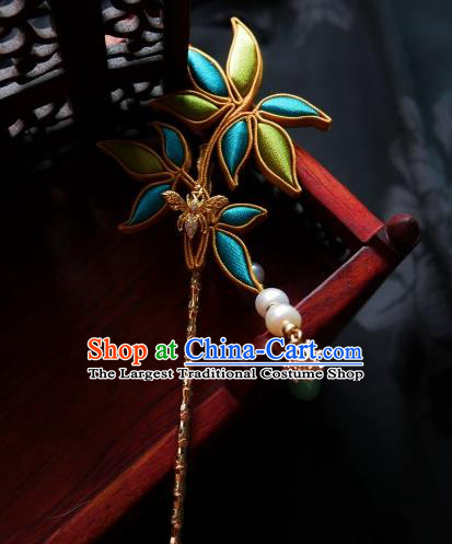 Handmade Chinese Silk Bamboo Leaf Hairpins Traditional Hanfu Hair Accessories Jade Tassel Hair Clip for Women
