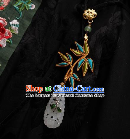 Chinese Classical Cheongsam Silk Bamboo Leaf Brooch Traditional Hanfu Accessories Handmade Jade Breastpin Pendant for Women