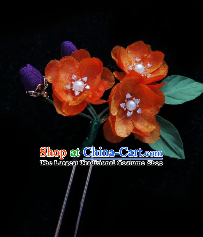 Handmade Chinese Orange Silk Begonia Hairpins Traditional Hanfu Hair Accessories Hair Clip for Women