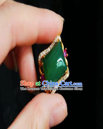 Chinese Classical Cheongsam Square Jade Brooch Traditional Hanfu Accessories Handmade Chrysoprase Breastpin for Women
