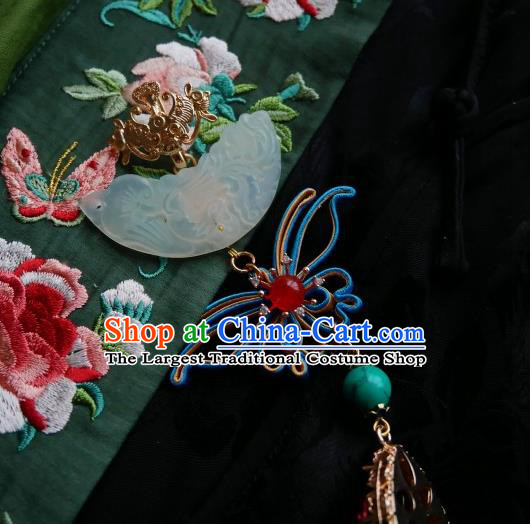 Chinese Classical Cheongsam Jade Brooch Traditional Hanfu Accessories Handmade Silk Butterfly Breastpin Pendant for Women