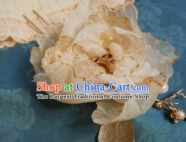 Handmade Chinese Beige Silk Peony Hairpins Traditional Hanfu Hair Accessories Ancient Tang Dynasty Court Hair Clip for Women