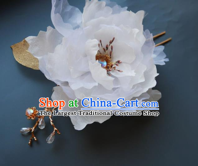 Handmade Chinese White Silk Peony Hairpins Traditional Hanfu Hair Accessories Ancient Tang Dynasty Court Hair Clip for Women