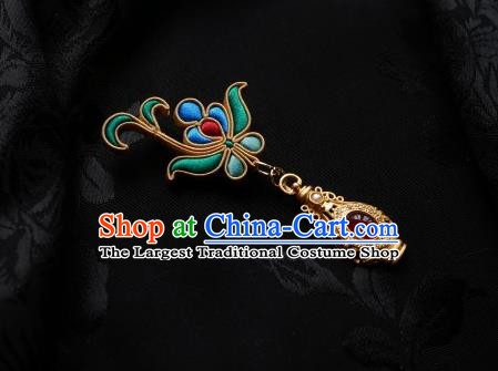 Chinese Classical Cheongsam Blue Silk Butterfly Brooch Traditional Hanfu Accessories Handmade Breastpin Golden Flagon Tassel Pendant for Women
