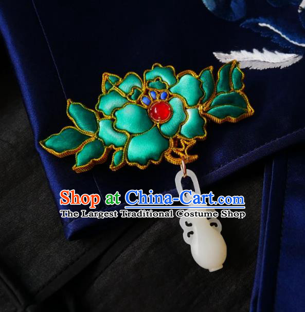 Chinese Classical Cheongsam Green Silk Peony Brooch Traditional Hanfu Accessories Handmade Jade Vase Breastpin Pendant for Women