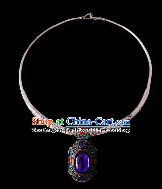 Chinese Handmade Amethyst Necklace Traditional Hanfu Jewelry Accessories Cloisonne Silver Necklet for Women
