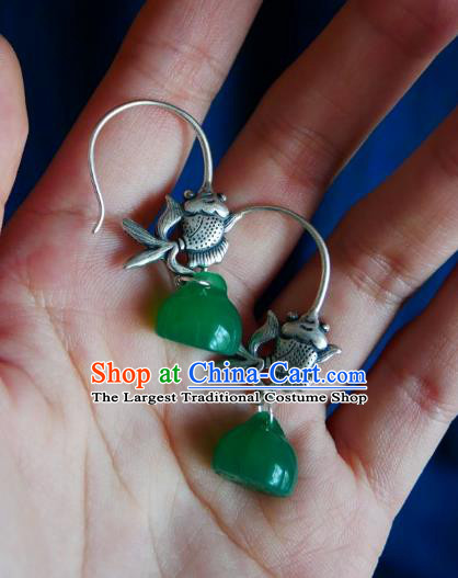 Chinese Handmade Jade Lotus Seedpod Earrings Traditional Hanfu Ear Jewelry Accessories Ancient Princess Silver Fish Eardrop for Women