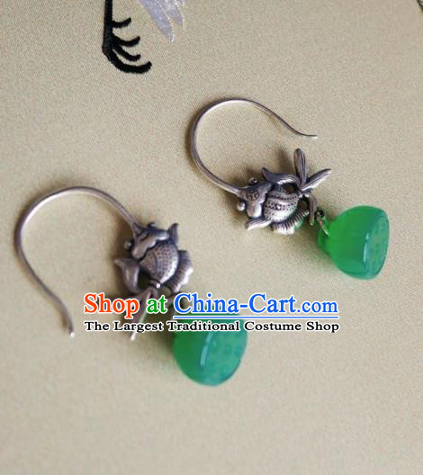 Chinese Handmade Jade Lotus Seedpod Earrings Traditional Hanfu Ear Jewelry Accessories Ancient Princess Silver Fish Eardrop for Women