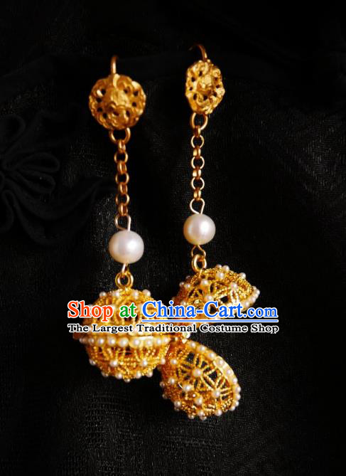 Chinese Handmade Golden Sachet Earrings Traditional Hanfu Ear Jewelry Accessories Pearls Eardrop for Women