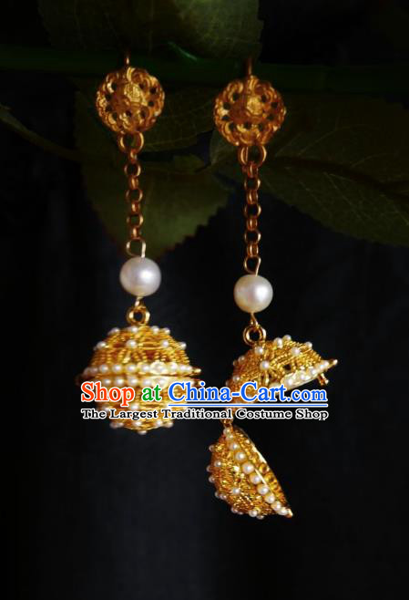 Chinese Handmade Golden Sachet Earrings Traditional Hanfu Ear Jewelry Accessories Pearls Eardrop for Women