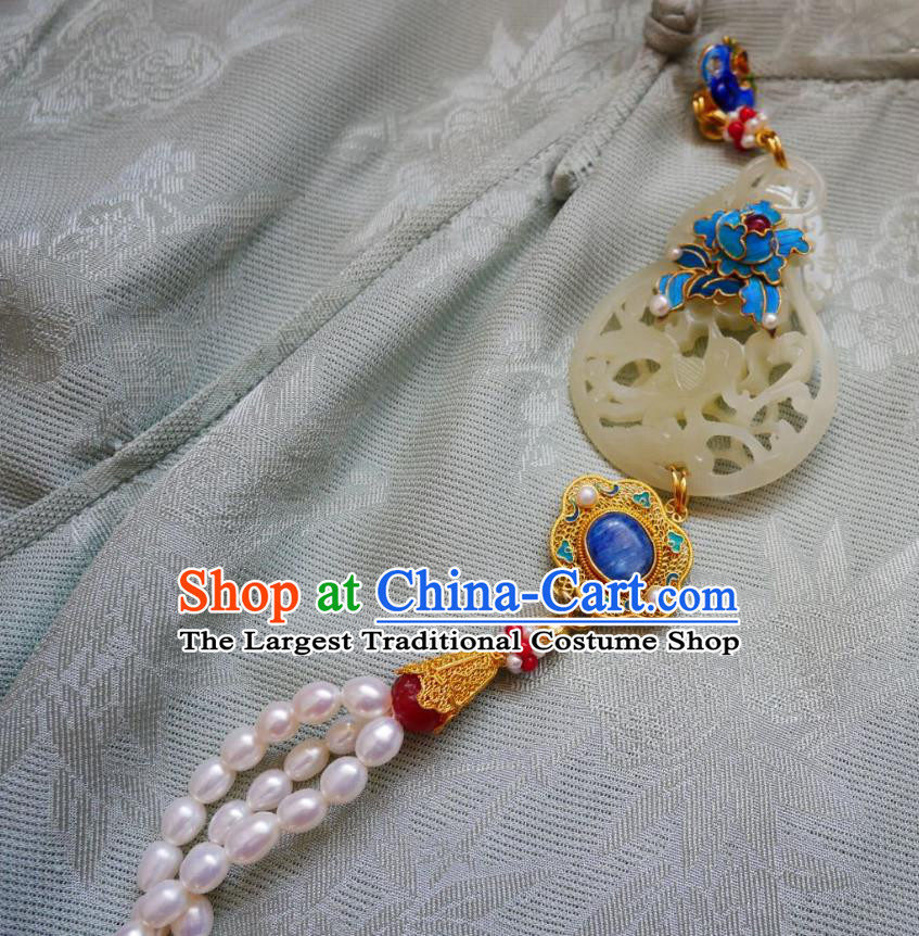 Chinese Classical Cheongsam Jade Cucurbit Brooch Traditional Hanfu Accessories Handmade Breastpin Blue Peony Pearls Tassel Pendant for Women