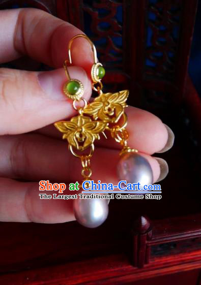 Chinese Handmade Golden Earrings Traditional Hanfu Ear Jewelry Accessories Ancient Princess Pearl Eardrop for Women
