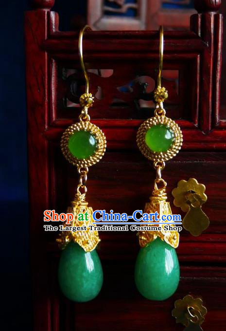 Chinese Handmade Green Stone Earrings Traditional Hanfu Ear Jewelry Accessories Ancient Princess Eardrop for Women
