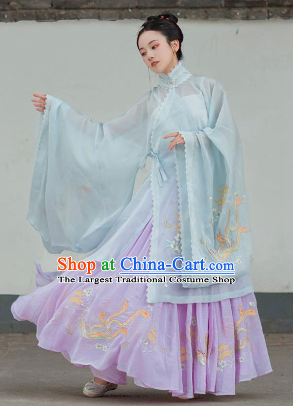 Chinese Ancient Ming Dynasty Young Lady Hanfu Garment Traditional Embroidered Costumes Blue Blouse and Pleated Skirt for Women